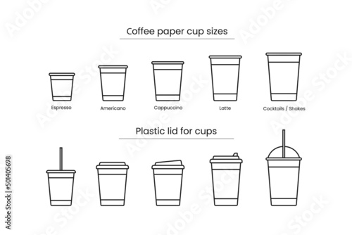 set of icons with paper cups for coffee of different sizes and different lids.