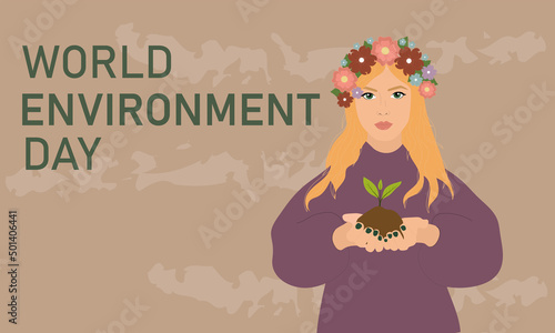 World Environment Day banner with woman. Woman holding plant a tree sapling with on ground. Vector illustration