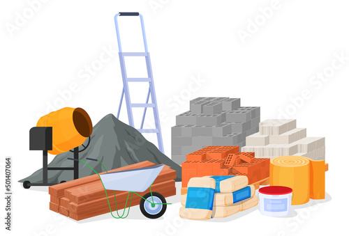 Set of piles of building materials. Loose building materials board brick metal elements. Vector illustration on a white background.