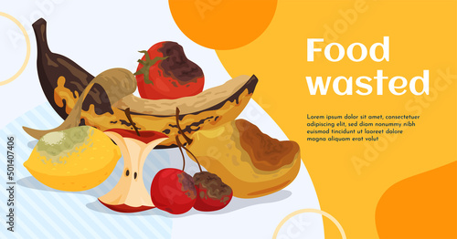 Banner vegetables fruits rotting products. Composting food. Perishable products.