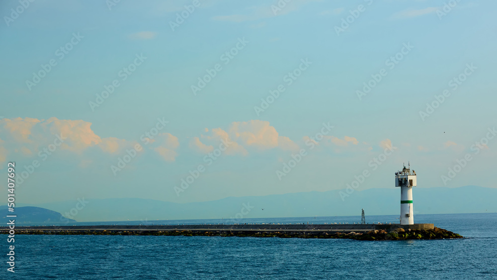 White lighthouse with view to Istanbul, Turkey