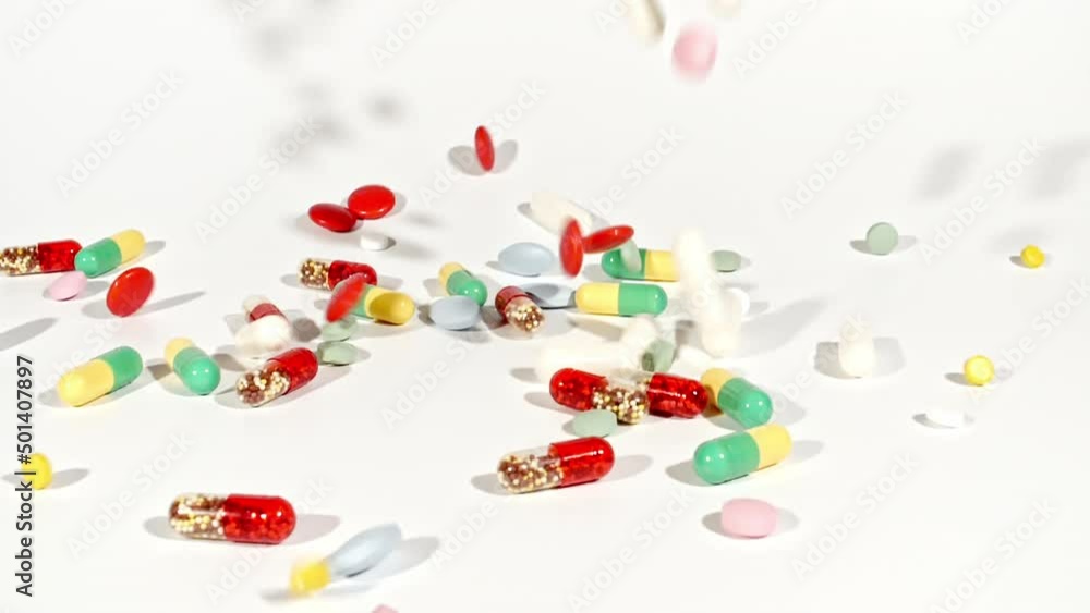 Closeup of different medical Pills falling on table on white background. Capsules, Vitamins and drugs. Pharmaceutical Industry. The medicine concept. Macro shot. Slow motion. High quality FullHD Closeup of different medical Pills falling on table on white background. Capsules, Vitamins and drugs. Pharmaceutical Industry. The medicine concept. Macro shot. Slow motion. High quality FullHD