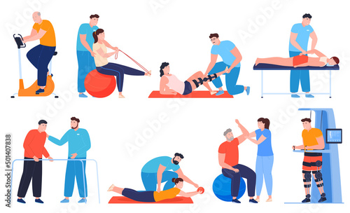 Post-traumatic rehabilitation of people. Doctors who treat patients after surgery. Vector illustration on a white background