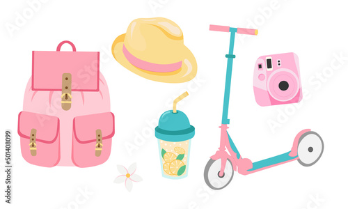 set of baby accessories, summer set with scooter, backpack, hat, lemonade, instax camera for travel