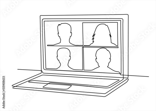 Continuous one line drawing of laptop on the desk with some people on screen for online class. E-learning, online education concept isolated on white background. Vector illustration