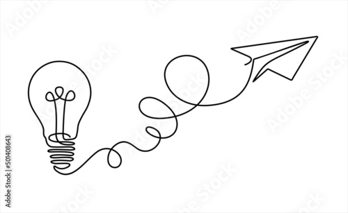 Paper plane flying up connected with light bulb in one continuous line drawing. Airplane in outline style. Startup business idea concept. Vector illustration
