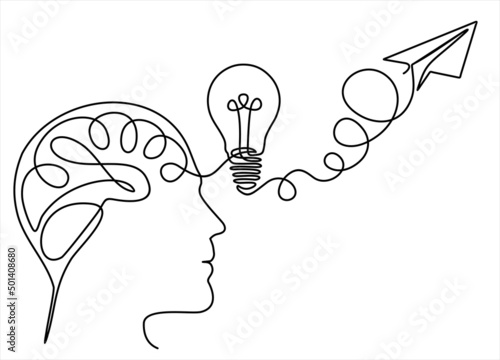 continuous modern drawing of a human head and brain thinking about Startup business idea. Brain, Paper plane flying up connected with light bulb in one continuous line drawing.
