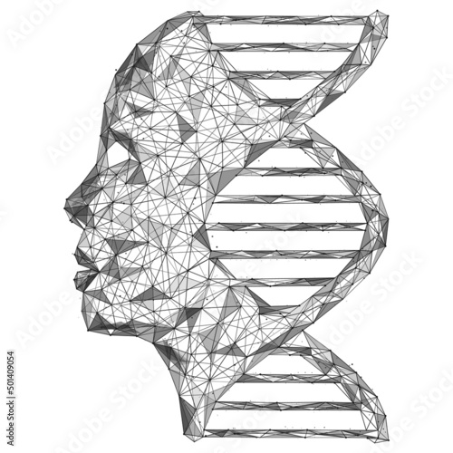 DNA  with a human face. Genealogical information. Polygonal design of interconnected lines and points.