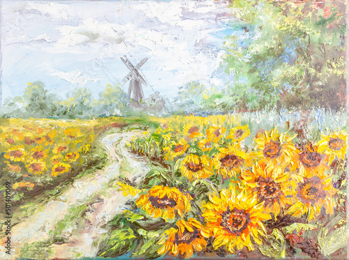 Canvastavla A landscape with an old windmill and sunflowers