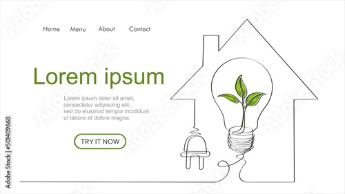 House with plug and lightbulb like a plant in one line drawing. Save energy concept in minimalistic style. Can used for logo, emblem, slide show and banner. Vector illustration