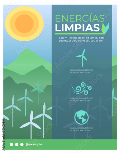 Poster de energías limpias. Energía eólica, aerogeneradores o molinos de viento.