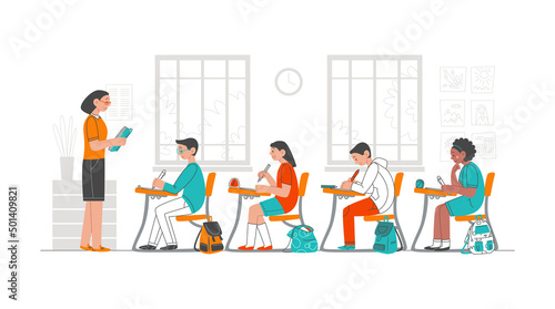 Class with children. A teacher or professor teaches students at school. Student learning in classrooms indoors. Vector illustration