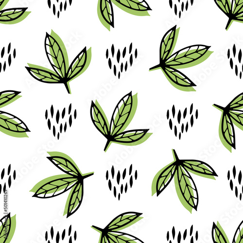 Pattern with fresh green leaves and nature hearts on white background for the design of textiles  bed linen  child clothing  wrapping paper.