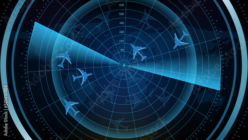 abstract background of futuristic technology screen scan flight radar airplane route path with scan interface hud