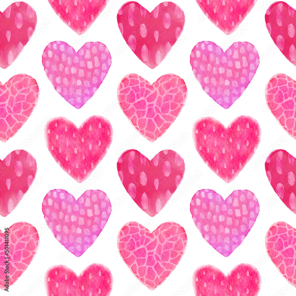 Watercolor heart seamless pattern. Bright and color hearts isolated on white background.