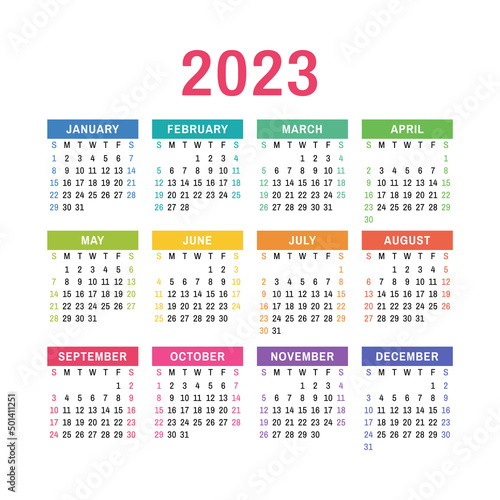Calendar design 2023 year. English colorful vector square wall or pocket calender template