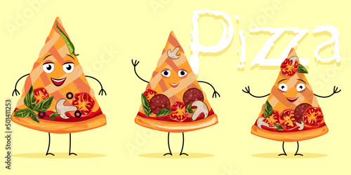 Set and three cartoon characters of pizza slices. Smiling pizza slices with different toppings