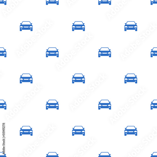 Small blue cars isolated on white background. Front view. Monochrome transport seamless pattern. Vector simple flat graphic illustration. Texture.