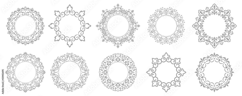 Set of decorative frames Elegant vector element for design in Eastern style, place for text. Floral gray and white borders. Lace illustration for invitations and greeting cards Set of decorative frames Elegant vector element for design in Eastern style, place for text. Floral gray and white borders. Lace illustration for invitations and greeting cards