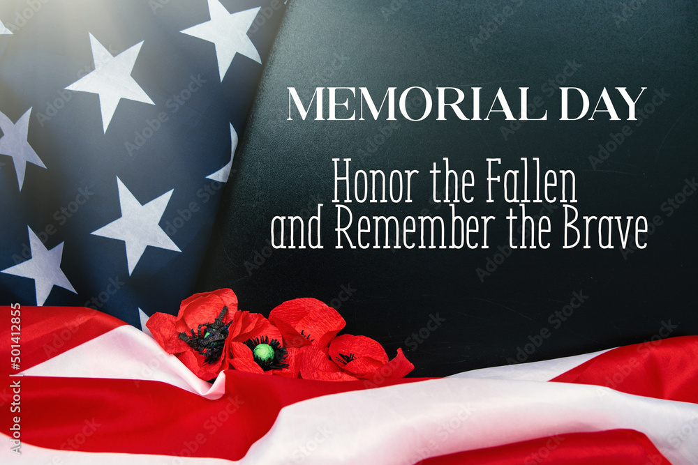 American flag and a poppy flowers with Memorial Day Remember and Honor text background - obrazy, fototapety, plakaty 