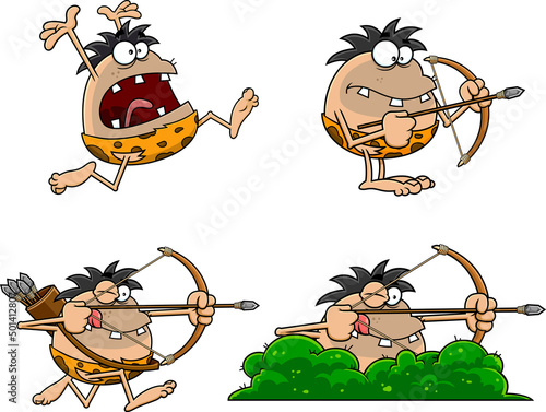 Caveman Cartoon Characters. Vector Hand Drawn Collection Set Isolated On White Background