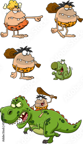 Caveman Cartoon Characters. Vector Hand Drawn Collection Set Isolated On White Background