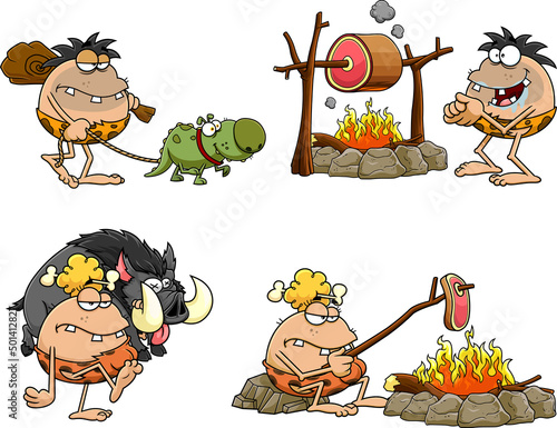 Caveman Cartoon Characters. Vector Hand Drawn Collection Set Isolated On White Background