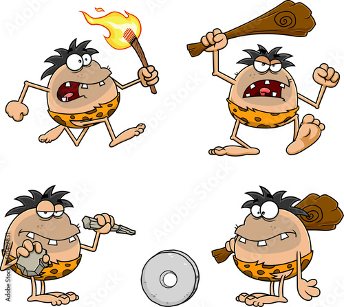 Caveman Cartoon Characters. Vector Hand Drawn Collection Set Isolated On White Background