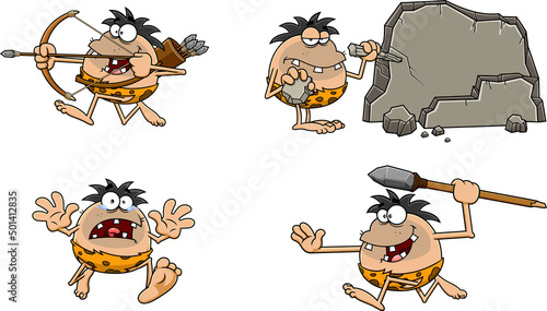 Caveman Cartoon Characters. Vector Hand Drawn Collection Set Isolated On White Background