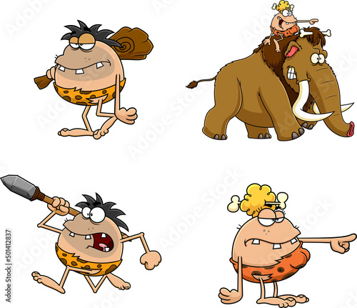 Caveman Cartoon Characters. Vector Hand Drawn Collection Set Isolated On White Background