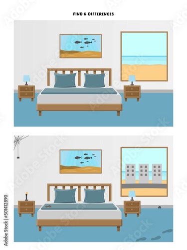 Find differences in hotel room. Educational Game for Kids. Vector comic Illustration in Cartoon style. Activity Page for children.
