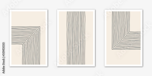 Set of 3 hand drawn paintings. Minimalist design background for wall decoration.