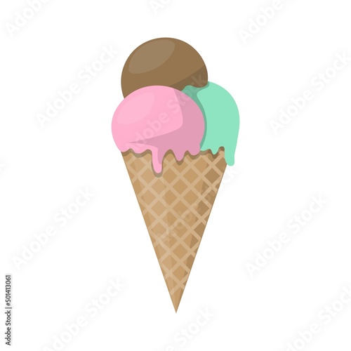 Melting ice cream balls in the waffle cone isolated on white background. Vector icon. Cartoon style illustration for print, stickers, cards.