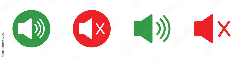 Speaker volume icon red and green. Media music icon isolated on white background. Volume icons. Speaker volume icon red and green. Media music icon isolated on white background. Volume icons.