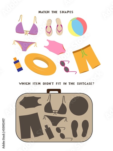 Match the shapes children game. Open suitcase with beach accessories and clothes. Vector illustration in cartoon style. Colorful activity page for kids.