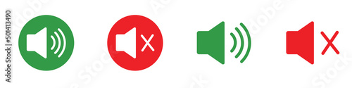 Speaker volume icon red and green. Media music icon isolated on white background. Volume icons. 