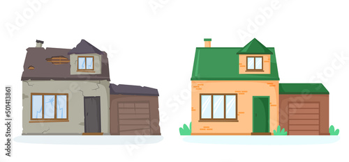 House before and after repair. Old and new suburban cottage. Run-down and renovated home. Remodelled brick house with garage. Nice detached house. Vector