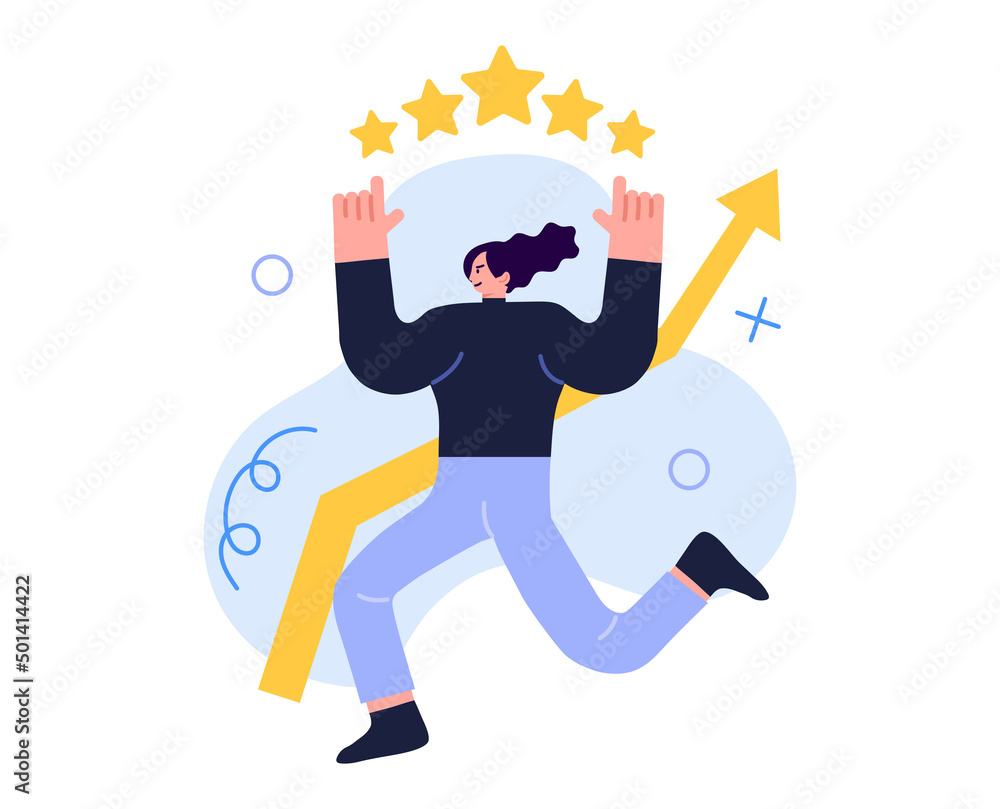Woman with 5 rating golden star Woman with 5 rating golden star