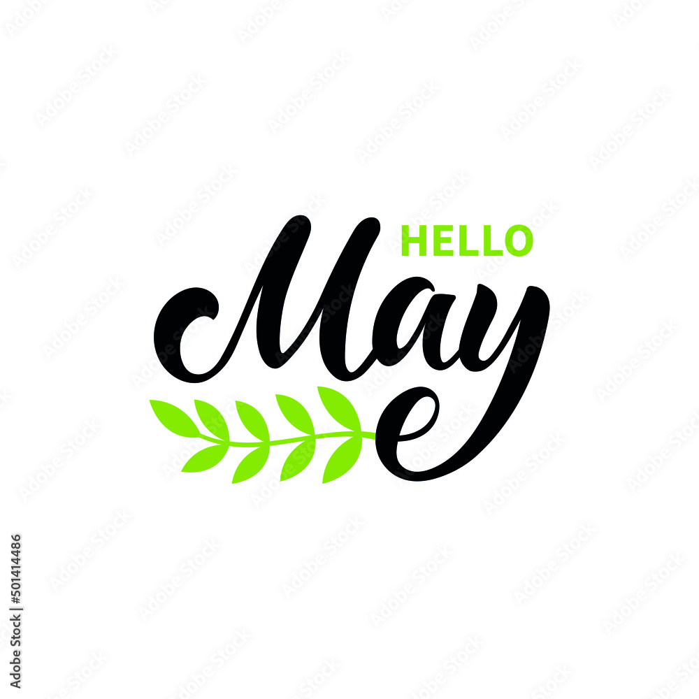 Hello May handwritten text isolated on white background with ribbon and leaves as logo, icon, card. Spring postcard, invitation, flyer. Vector illustration. Hand lettering, modern brush calligraphy Hello May handwritten text isolated on white background with ribbon and leaves as logo, icon, card. Spring postcard, invitation, flyer. Vector illustration. Hand lettering, modern brush calligraphy