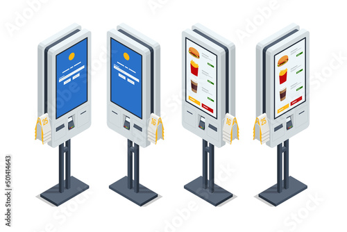 Isometric Self-Service Desk with Touch Screen and Payment Terminal Isolated on White Background. Modern Technologies. Payment Terminal in Fast Food Restaurant