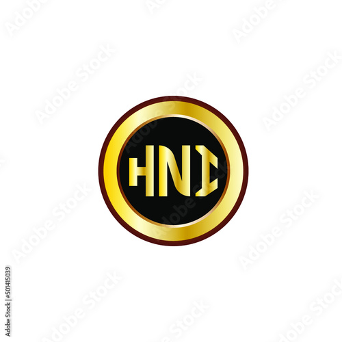 HNI letter circle logo design. HNI letter logo design with black background. HNI creative letter logo with gold colors.
