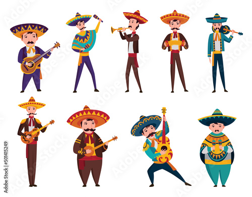 Mexican characters. Mariachi music band musicians in traditional dark clothes and sombreros playing on typical musical instrument like guitar, accordion, maracas, tube