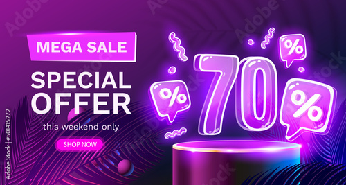 Mega sale special offer, Neon 70 off sale banner. Sign board promotion. Vector