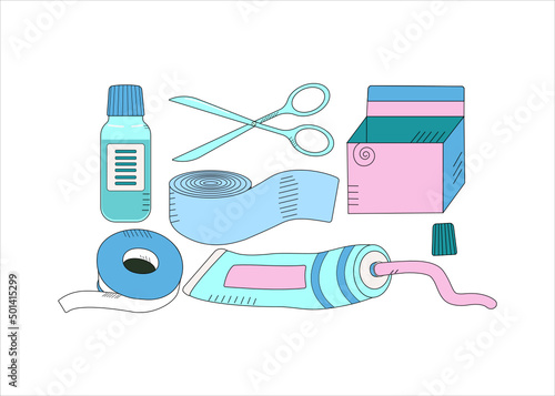 A set of medicines for the treatment of injuries. Plaster, bandage, antiseptic, scissors in doodle style. Drawings, sketch. Vector illustration.