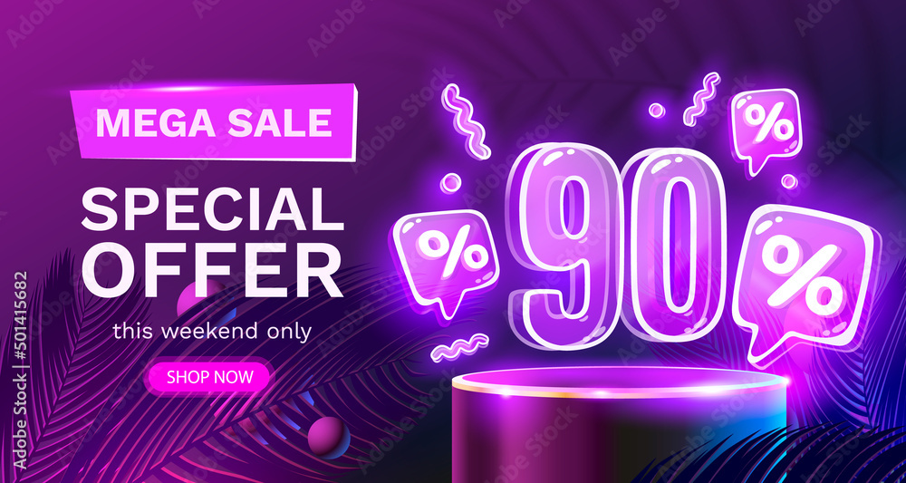Mega sale special offer, Neon 90 off sale banner. Sign board promotion. Vector Mega sale special offer, Neon 90 off sale banner. Sign board promotion. Vector