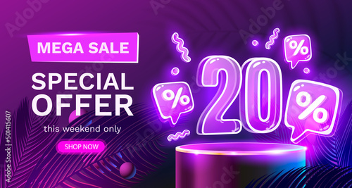 Mega sale special offer, Neon 20 off sale banner. Sign board promotion. Vector
