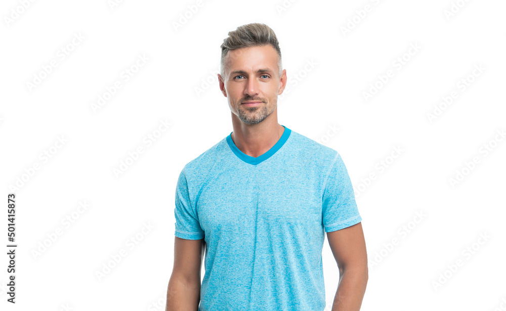 Serious handsome middleaged guy in casual style keeping hand in pocket isolated on white Serious handsome middleaged guy in casual style keeping hand in pocket isolated on white