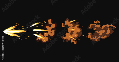 Gun flashes or gunshot animation. Cartoon flash effect of bullet starts with smoke and sparkles. Fire explosion effect during shot with gun. Shotgun fire, muzzle flash and explode