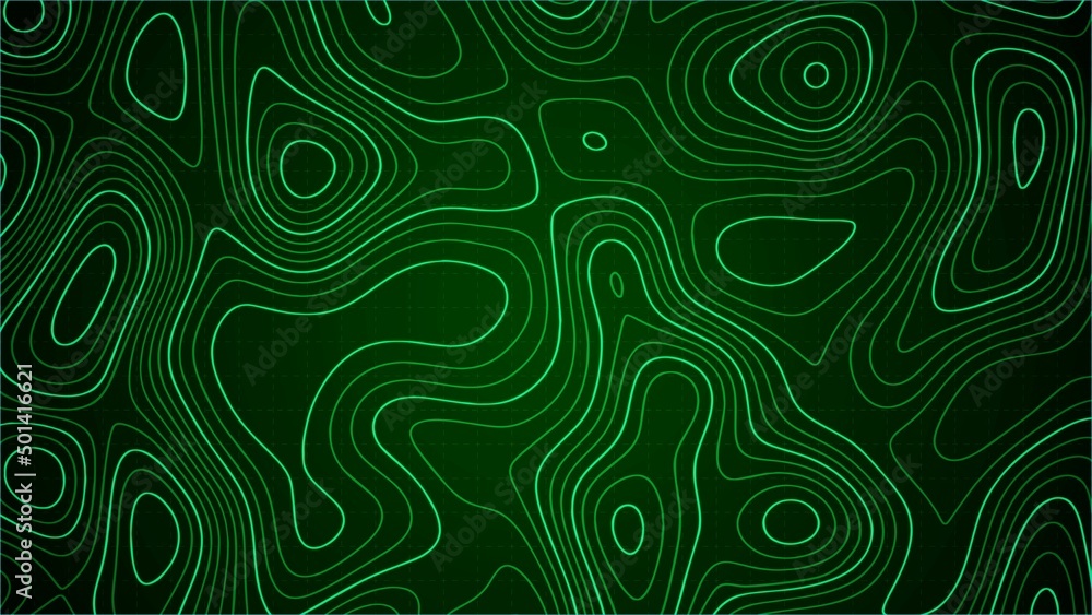 Vector abstract background. Green world design. Texture vegetation map. Geolocation. Scale grid. Pattern of chaotic circles, lines, wave. Green movement. Poster for travel, business, social networks.