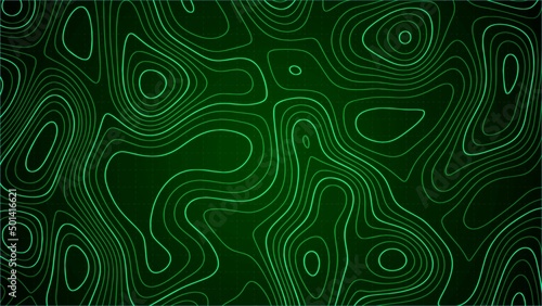 Vector abstract background. Green world design. Texture vegetation map. Geolocation. Scale grid. Pattern of chaotic circles, lines, wave. Green movement. Poster for travel, business, social networks.